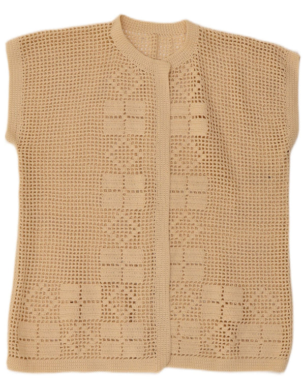 Cardigan vintage cu mânecă scurtă pentru femei UK 14 Medium Bej Geometric