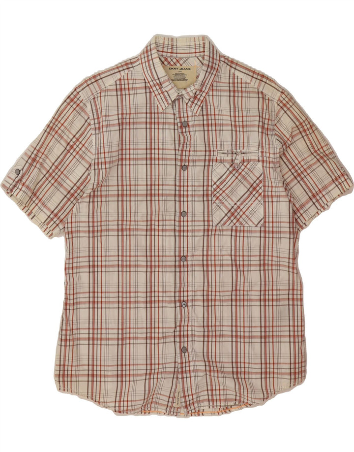 DKNY Mens Short Sleeve Graphic Shirt Large Off White Check Cotton Vintage Dkny and Second-Hand Dkny from Messina Hembry 