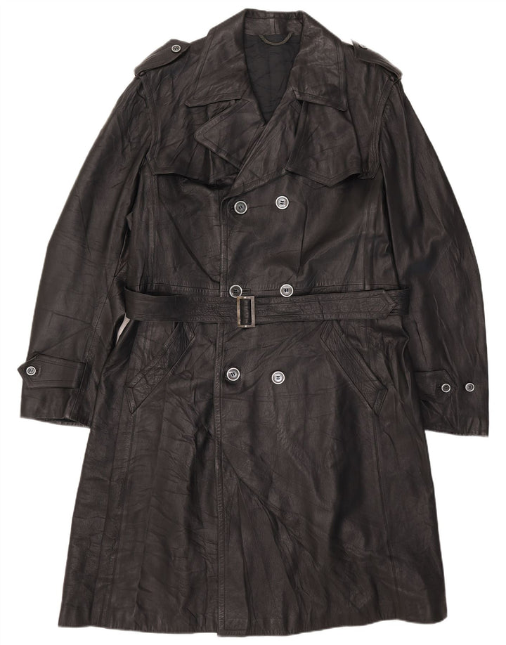 Palton dublu din piele vintage pentru bărbați UK 38 mediu negru