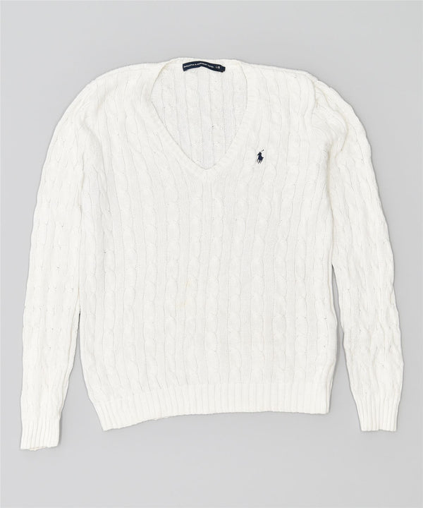 RALPH LAUREN Pulover cu decolteu în V pentru femei UK 14 Bumbac alb mare