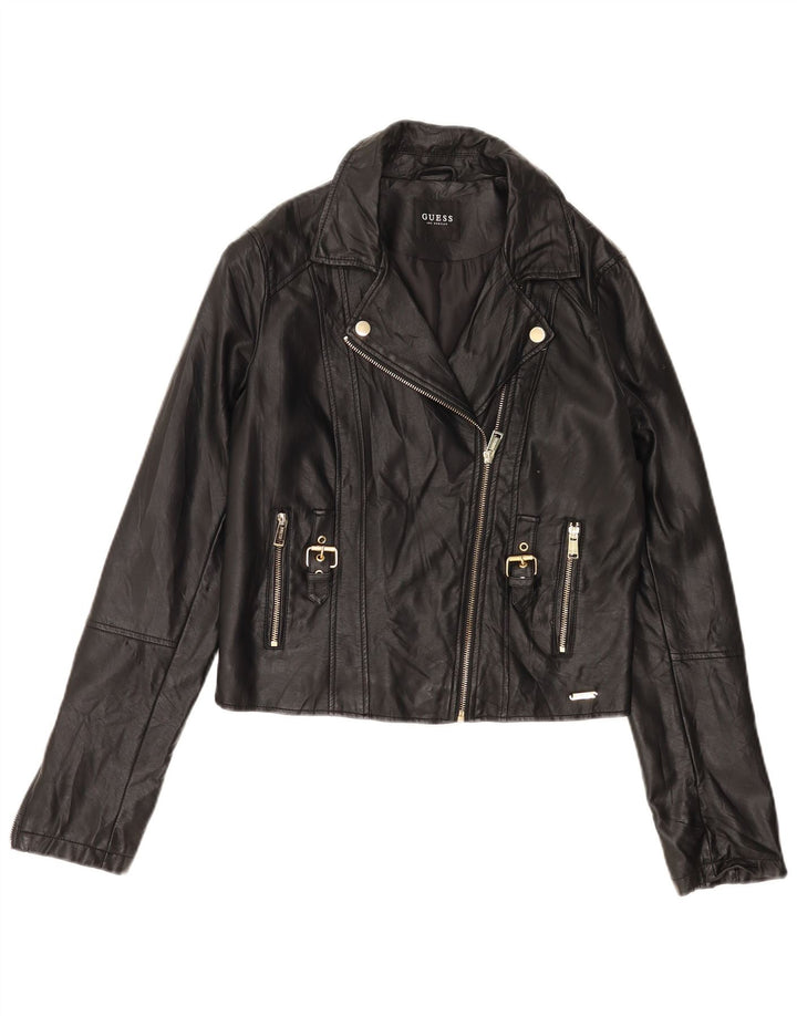 Jachetă de motociclist Guess Crop din piele artificială pentru femei UK 12 Poliuretan mediu negru