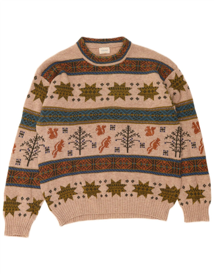 Pulover Benetton pentru bărbați cu decolteu rotund, lână Fair Isle, bej mediu