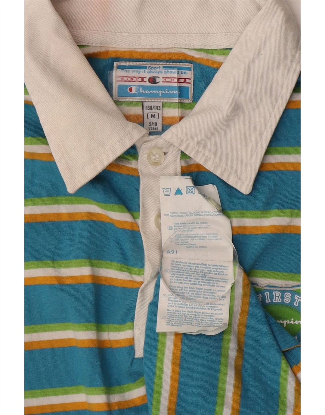 Tricou polo pentru băieți CHAMPION 9-10 ani, mediu albastru, bumbac cu dungi
