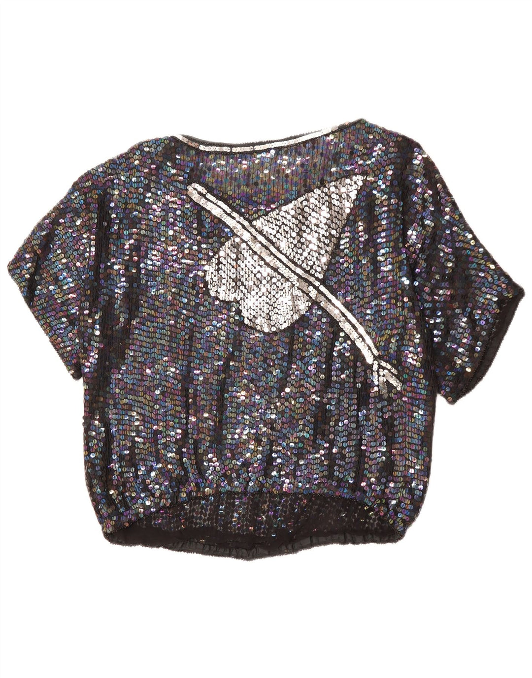 Bluză cu grafică VINTAGE pentru femei UK 14, inimă mare neagră cu pete