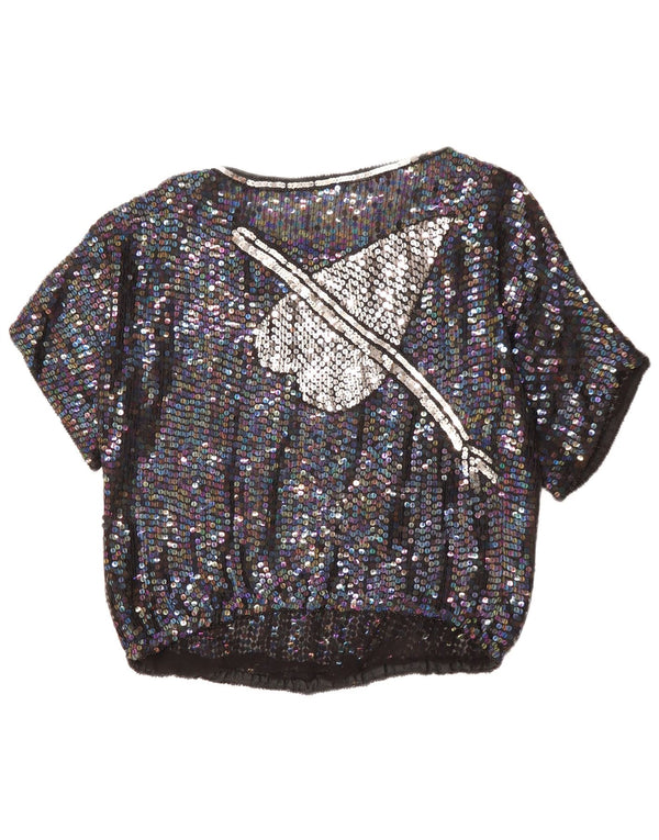 Bluză cu grafică VINTAGE pentru femei UK 14, inimă mare neagră cu pete