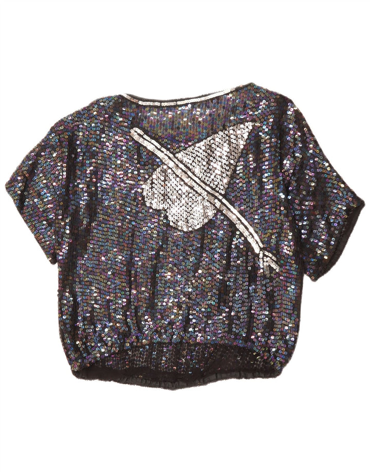 Bluză cu grafică VINTAGE pentru femei UK 14, inimă mare neagră cu pete