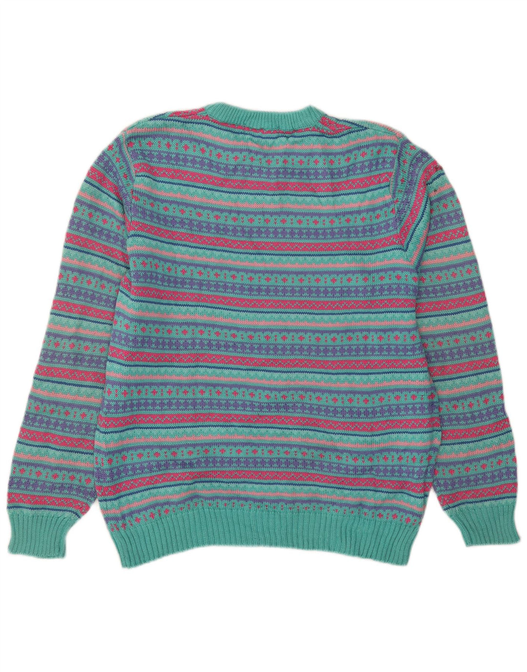 L.L.Bean Pulover pentru bărbați cu gât roșu din lână Fair Isle, mare, multicoloră