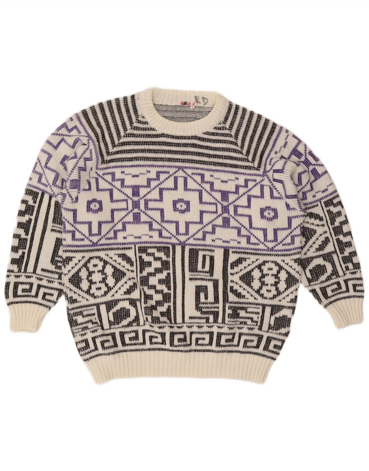 Vintage Mens Crew Neck Jumper Sweater Large White Geometric Wool
