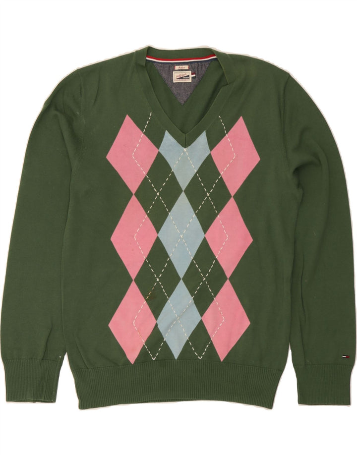 TOMMY HILFIGER Mens Heritage V-Neck Jumper Sweater Medium Green Vintage Tommy Hilfiger and Second-Hand Tommy Hilfiger from Messina Hembry 
