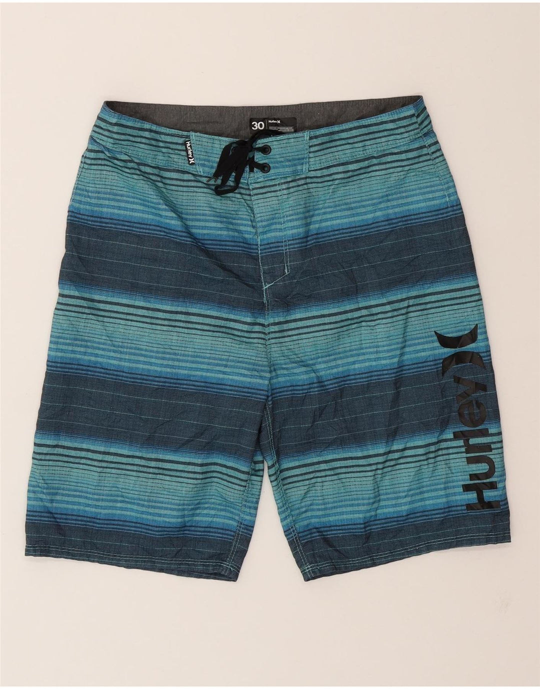 HURLEY Mens Graphic Swimming Shorts Medium  Turquoise Striped Polyester Vintage Hurley and Second-Hand Hurley from Messina Hembry 