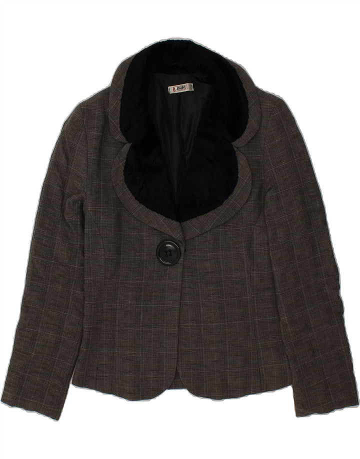 VINTAGE Womens 1 Button Blazer Jacket UK 14 Large Grey Check Cotton Vintage Vintage and Second-Hand Vintage from Messina Hembry 