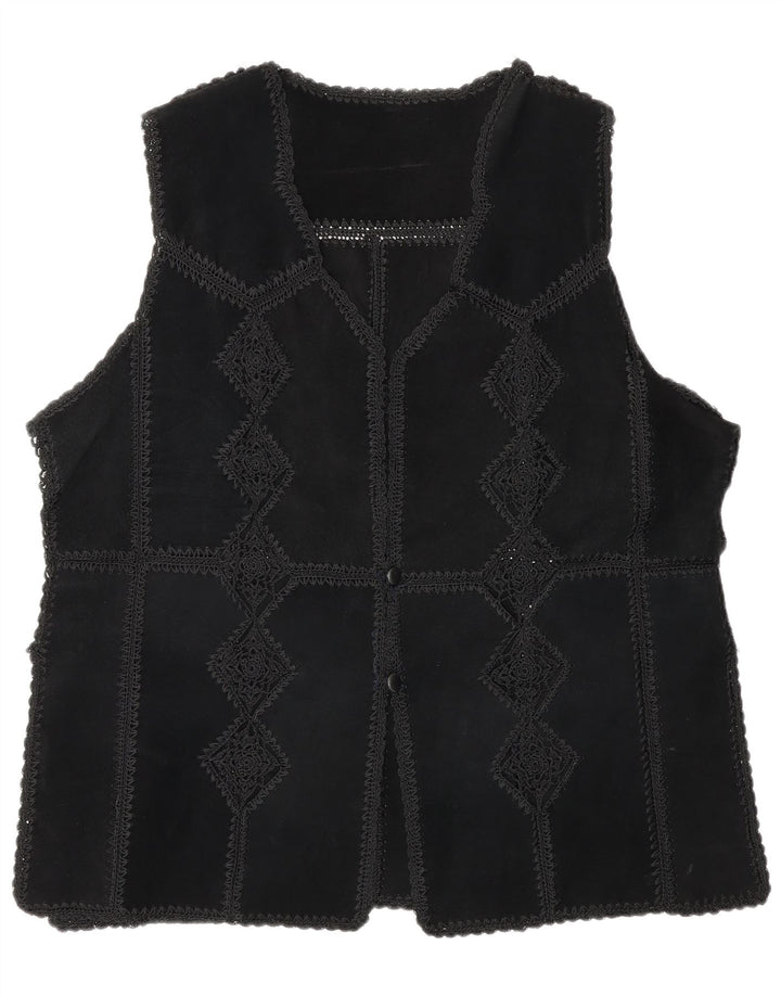 Gilet vintage pentru femei din piele intoarsa UK 16, mare, negru, patchwork