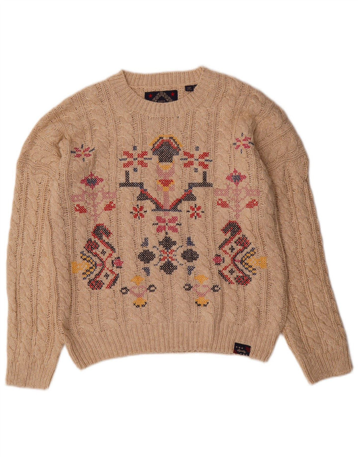 Pulover pentru damă SUPERDRY cu decolteu triplu UK 12 Medium Bej Fair Isle