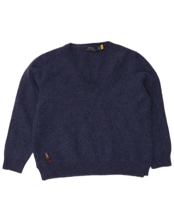 Pulover cu decolteu în V Polo Ralph Lauren pentru femei UK 14 Lână mare albastru bleumarin