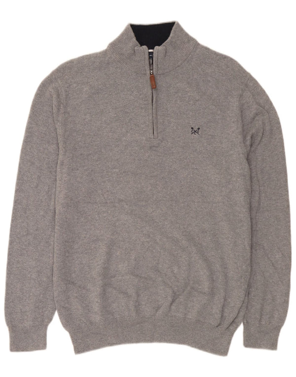 Crew Clothing Pulover pentru bărbați, cu fermoar, cu gât, bumbac mare, cu pete gri