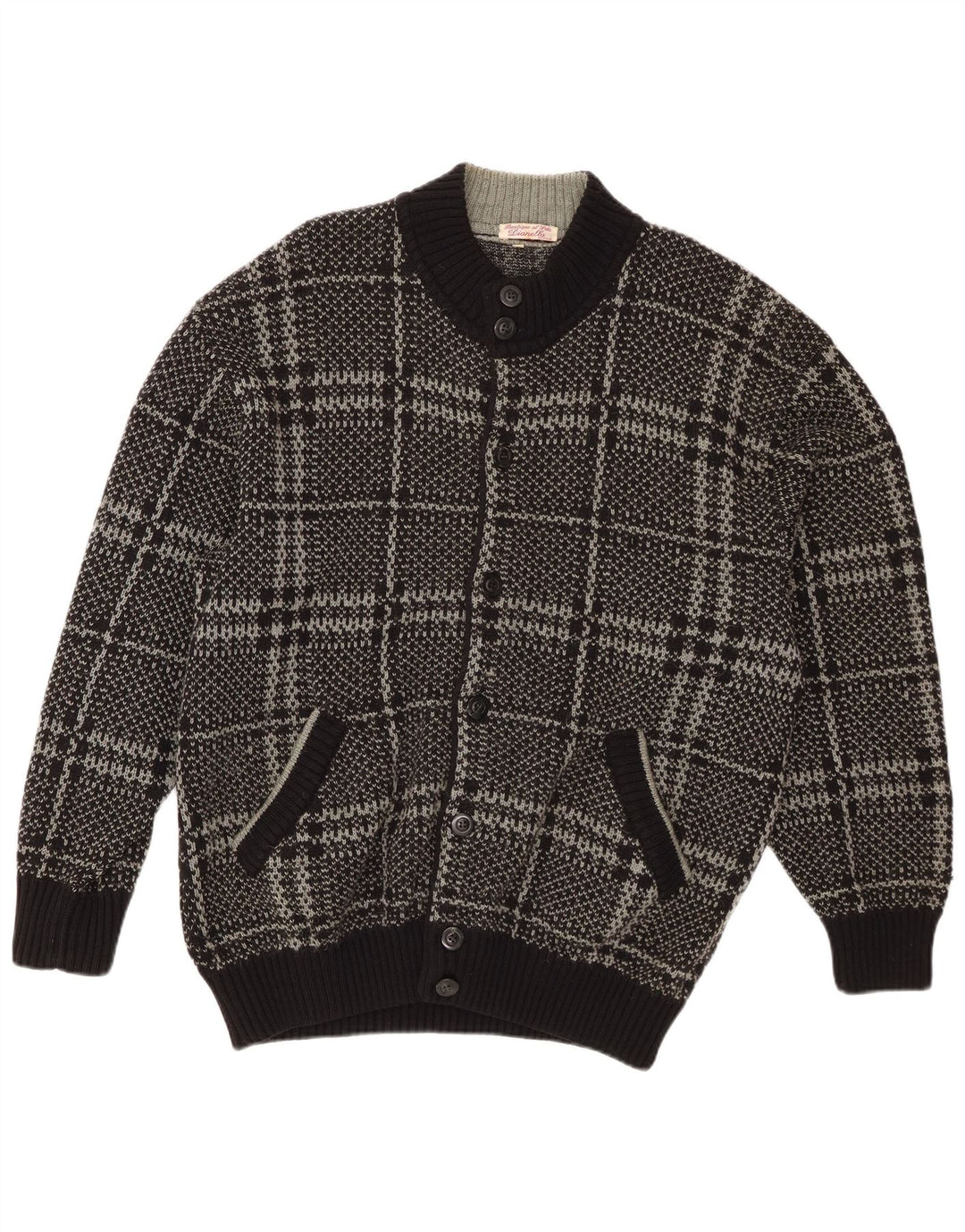 Pulover Cardigan Vintage pentru bărbați IT 52 Lână mare neagră cu carouri