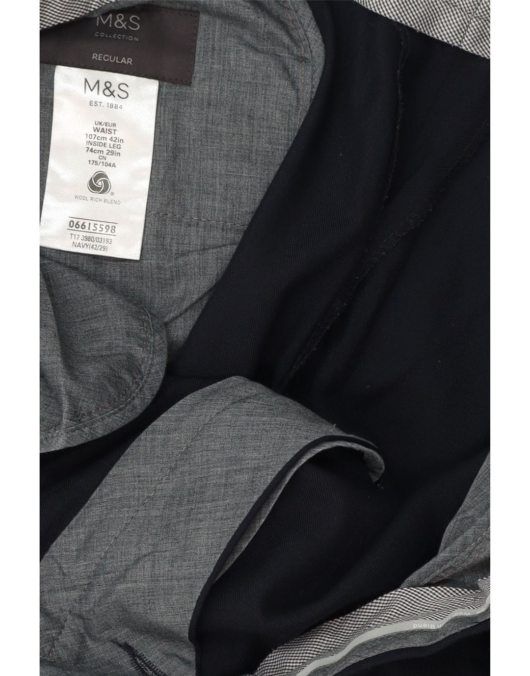MARKS & SPENCER Pantaloni de costum pentru bărbați, cu tăiere obișnuită, L42 L29 Lână bleumarin