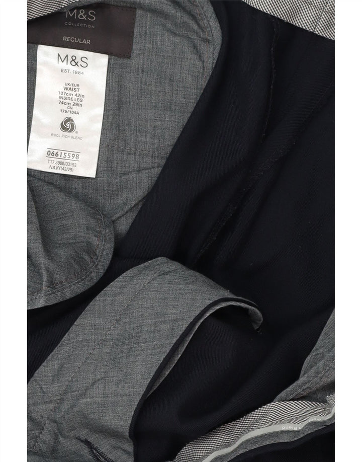 MARKS & SPENCER Pantaloni de costum pentru bărbați, cu tăiere obișnuită, L42 L29 Lână bleumarin