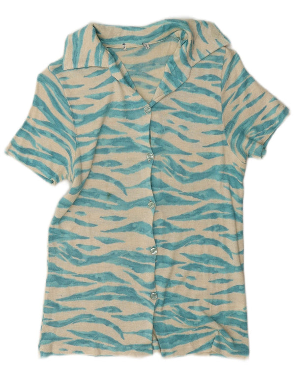 Cămașă vintage cu mânecă scurtă pentru femei UK 14 Medium Blue Animal Print Viscose