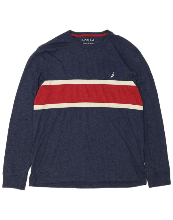 Nautica Mens Top Long Sleeve Large Navy Blue Colourblock Cotton
