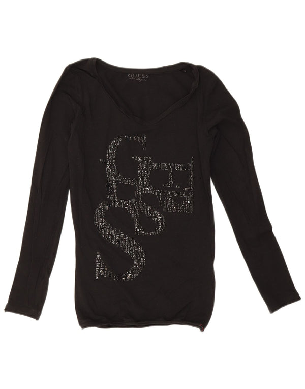 Guess Top grafic pentru femei cu mânecă lungă UK 10 mic bumbac negru