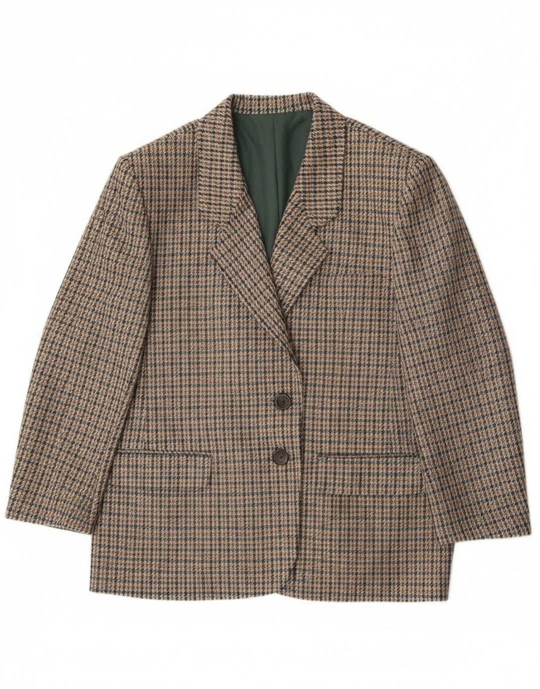 Jachetă vintage pentru femei cu 2 nasturi, UK 20 2XL, lână verde Houndstooth