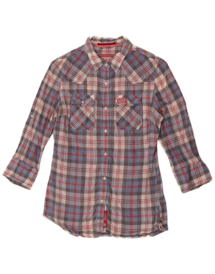 Cămașă Superdry pentru femei cu mâneci 3/4 UK 14, bumbac cu carouri albastru mediu