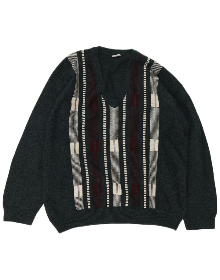 VINTAGE Pulover cu decolteu în V pentru bărbați, acrilic cu dungi verzi mari