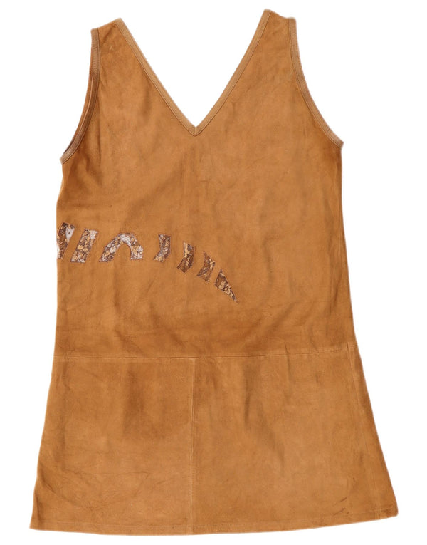 Mini rochie vintage pentru femei din piele intoarsa UK 12 Medium Beige Animal Print