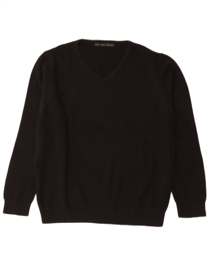 Pulover pentru bărbați Zara, cu decolteu în V, mare, negru, bumbac