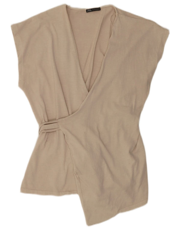 Bluză înfășurată pentru femei Zara UK 16, mare, bej, bumbac
