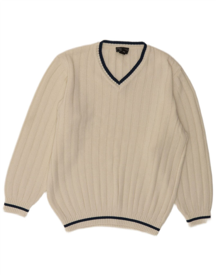Pulover VINTAGE pentru bărbați cu decolteu în V UK 40/42 Medium White Poliacrilic