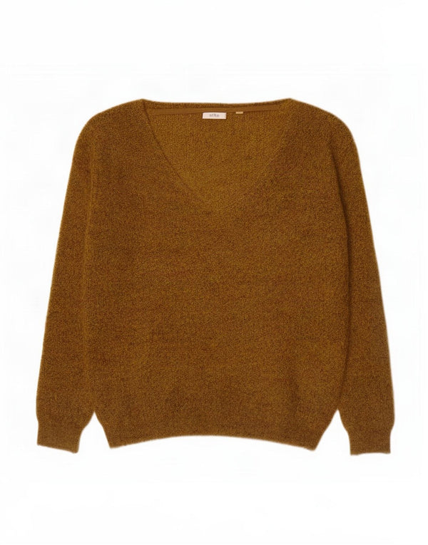 Fat Face Womens V-Neck Jumper Sweater UK 14 Large Khaki Flecked Mohair