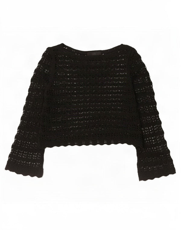 Zara Womens Long Sleeve Crochet Crop Top UK 10 Small Black Flecked