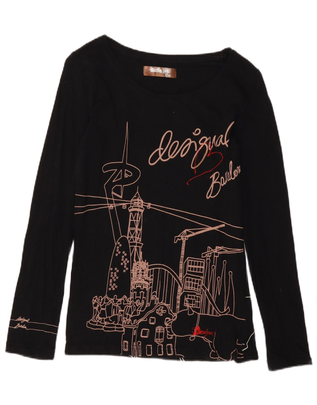 Desigual Womens Barcelona Graphic Top mânecă lungă UK 12 Medium Black Bumbac