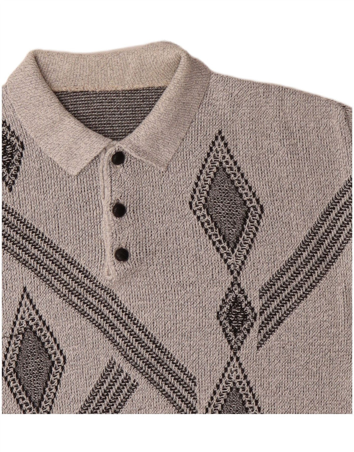 Pulover vintage cu gât polo pentru bărbați, gri mediu geometric