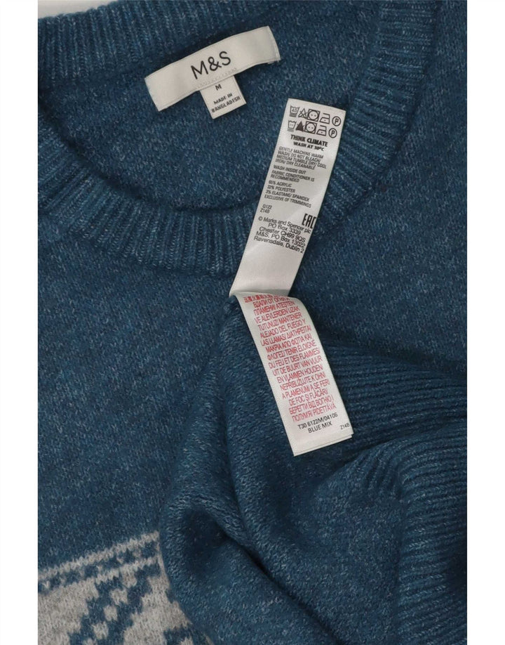 Pulover pentru bărbați Marks & Spencer, cu gât de barcă, albastru mediu, acrilic Fair Isle