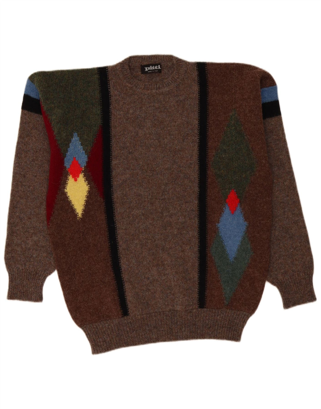 Pulover vintage pentru bărbați cu gâtul turnat, mare, maro, lână Argyle/Diamond