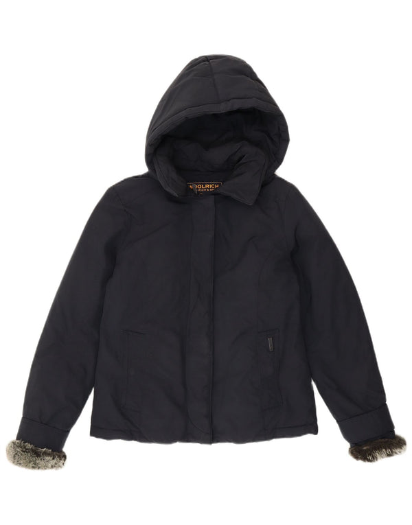 Woolrich Womens Hooded Padded Jacket UK 10 Small Navy Blue Cotton