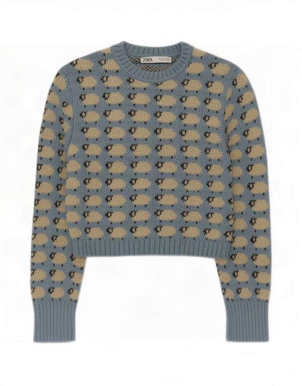 Pulover cu decolteu scurt pentru femei Zara UK 12 Medium Blue Animal Print