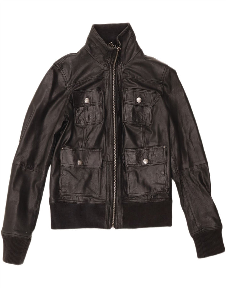 Jachetă de piele crop BERSHKA pentru femei UK 14, mare, neagră