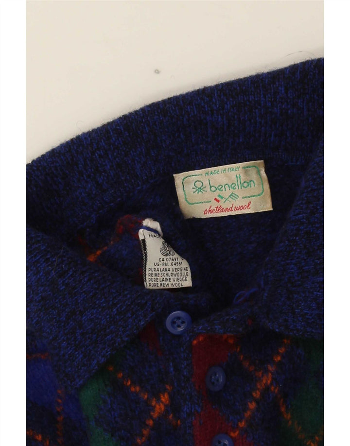 Pulover Benetton pentru bărbați cu gât polo IT 48 Small Blue Argyle/Diamond Wool