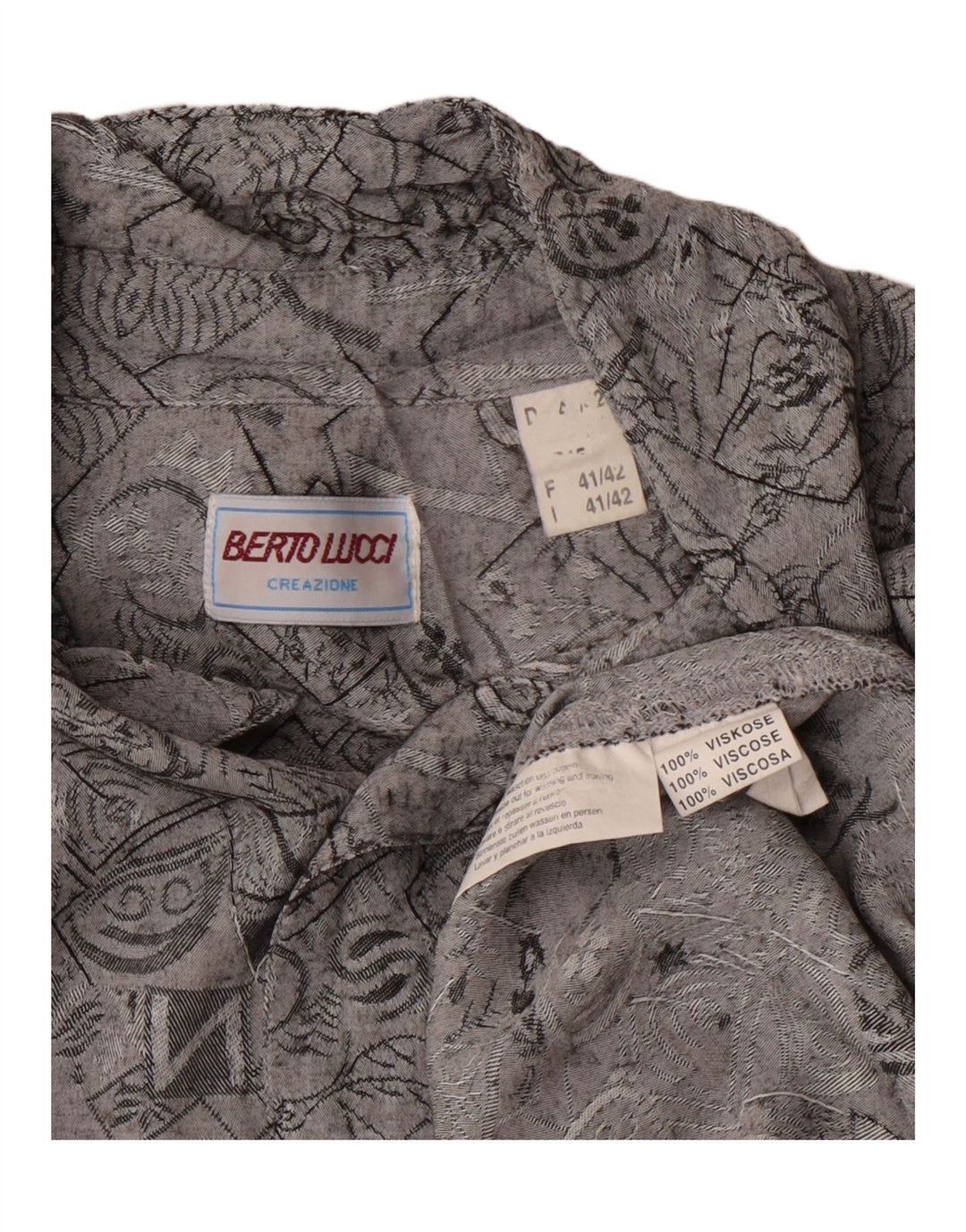 BERTO LUCCI Mens Abstract Pattern Shirt Size 41/42 Large Grey Viscose Vintage Berto Lucci and Second-Hand Berto Lucci from Messina Hembry 