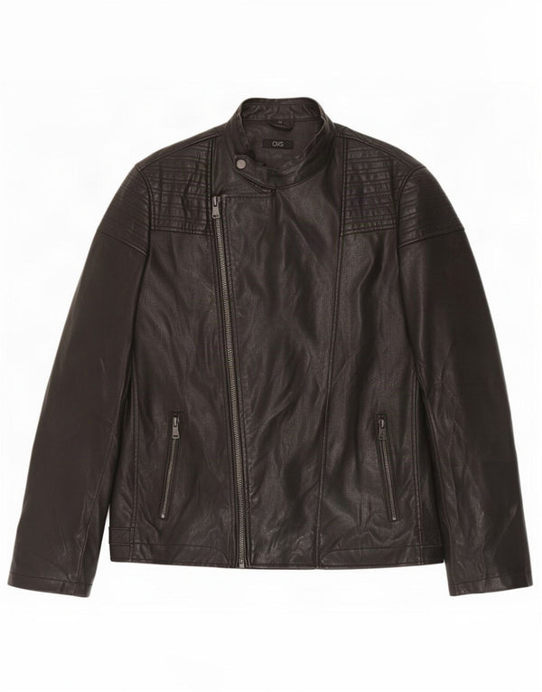 OVS Mens Faux Leather Racer Jacket UK 44 2XL Black Polyester