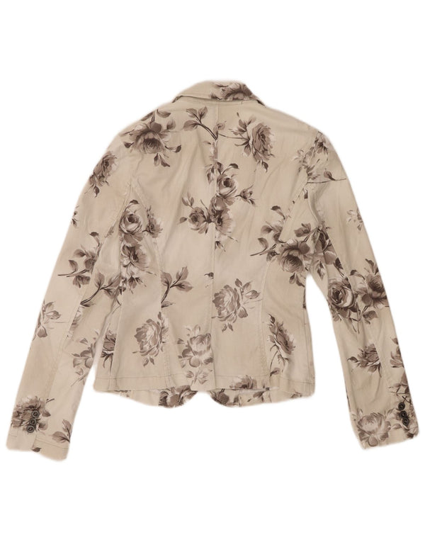Sisley Womens 2 Button Denim Blazer Jacket UK 10 Small Off White Floral