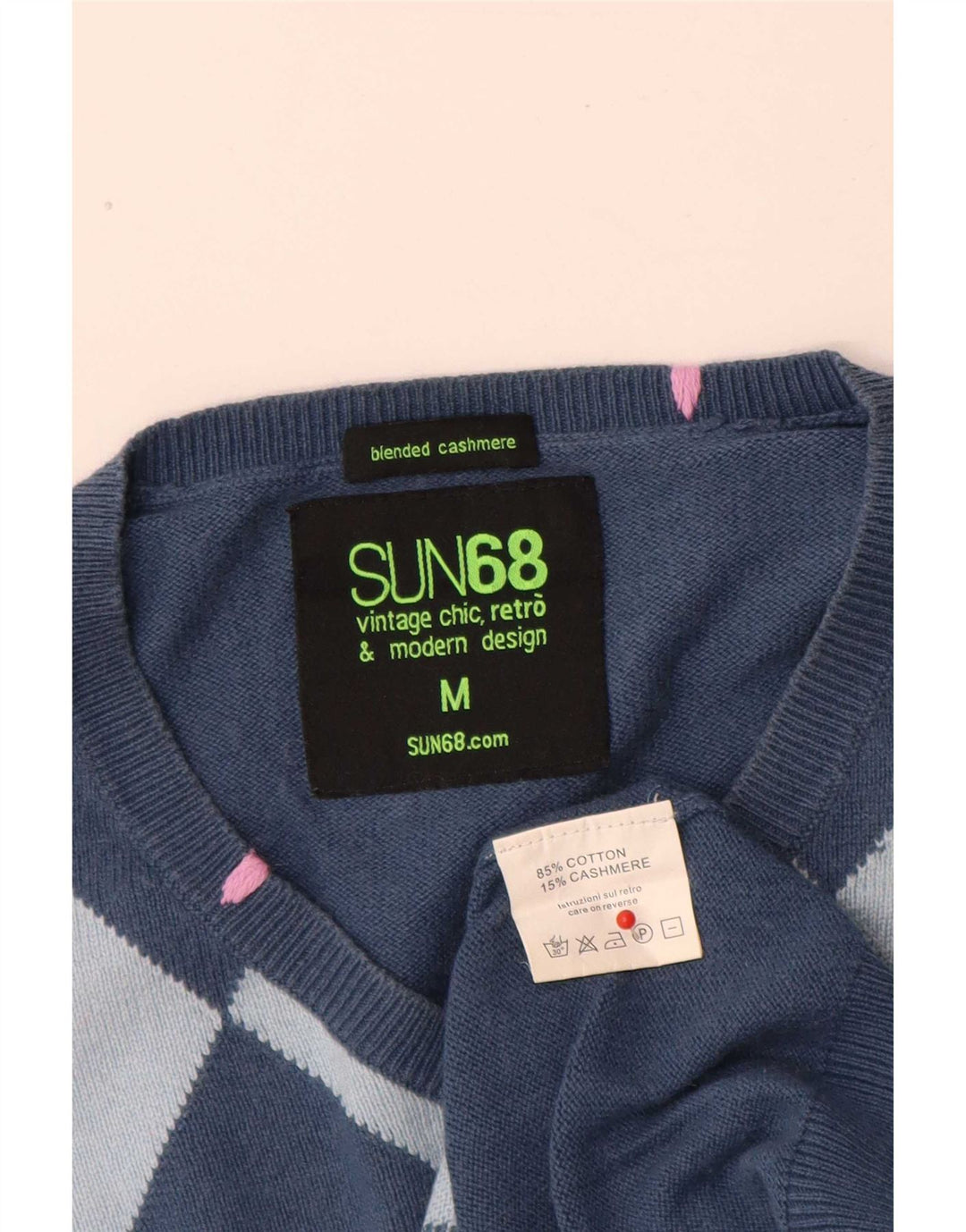 Sun68 Pulover cu decolteu în V pentru bărbați, albastru mediu, bumbac Argyle/Diamond