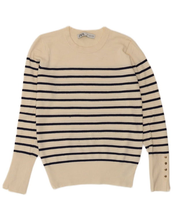 Pulover pentru damă Zara cu gât turnut, UK 10, mic, cu dungi alb, viscoză