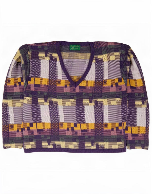 Pulover vintage pentru femei cu decolteu în V UK 14 Bumbac geometric violet mediu