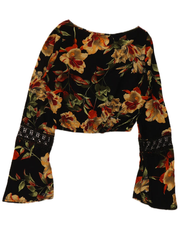 Bluză pentru femei VINTAGE Cămașă Crop UK 12 Medium Black Floral Viscose