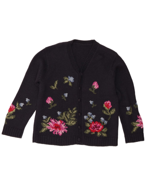 Pulover Cardigan Vintage pentru Damă UK 16 Mare Lână Neagră Florală